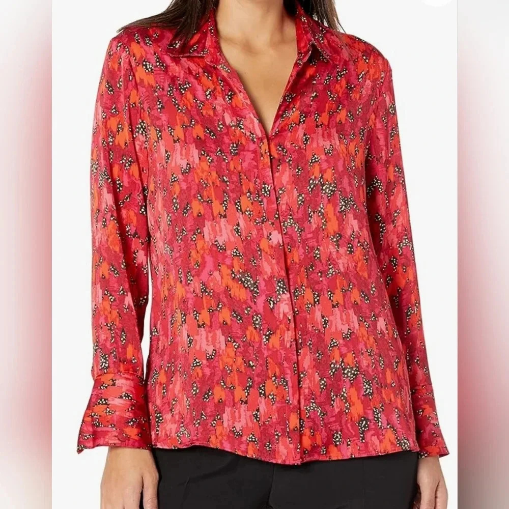 NIC+ZOE Mix & Mingle Button Front V-neck Multi-colored Long Sleeve Blouse Sz 3X